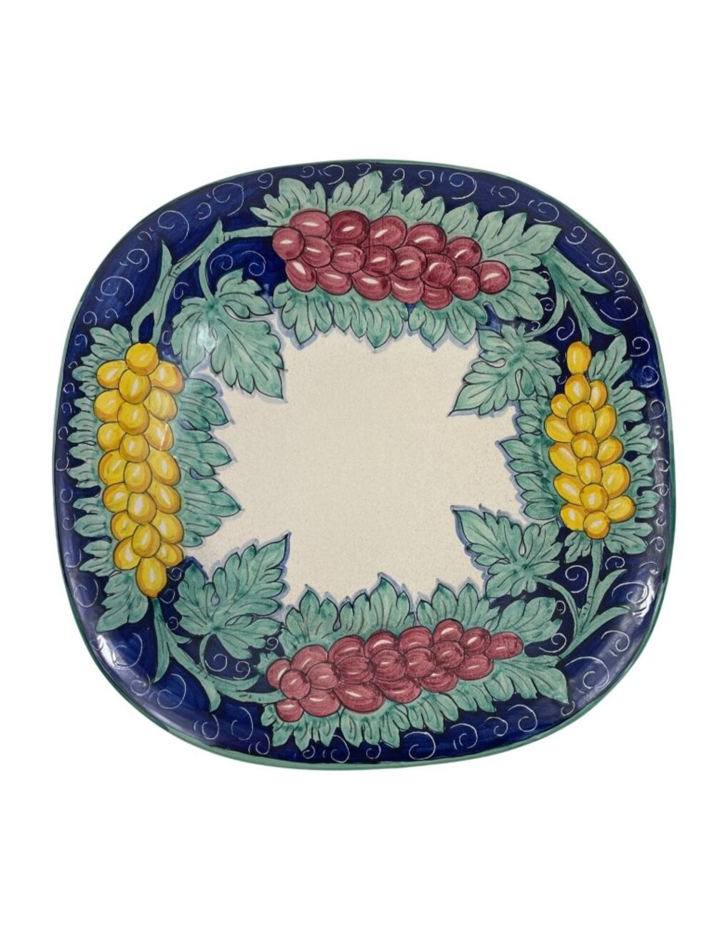 Hand-Painted 14" Square Ceramic Serving Plate With Grapes & Leaves Design